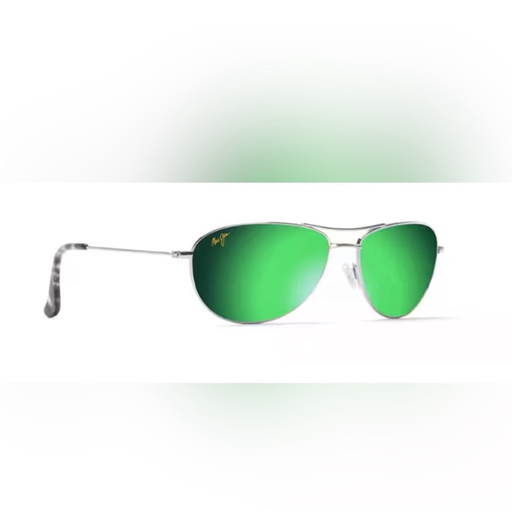 Maui Jim Baby Beach Polarized Aviator Sunglasses Green Lenses Silver Frame